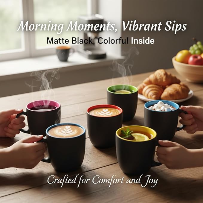 GBhome 12oz Coffee Mugs Set of 6,Ceramic Coffee Mugs for Man, Woman,Restaurant Modern Coffee Mugs Set with handle for Tea/Latte/Cappuccino/Milk/Cocoa. Dishwasher&Microwave Safe,Multi-Color,6 Pack