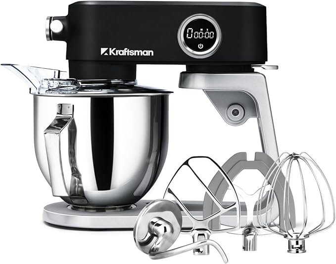 Kraftsman Stand Mixer All Metal - Heavy Duty Kitchen Standing Mixer 5.3 Quart with 4 Stainless Steel Attachments, DC Motor & Multifunctional Power Hub, 8-Speed & Timer, Lower Noise (Black)