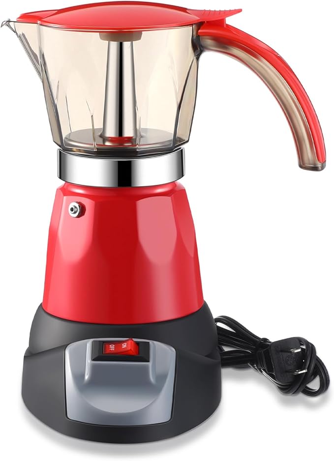 Lemosae Electric Espresso Maker Transparent Coffee Maker Electric Moka Pot Portable Aluminum Espresso Machine Italian Moka Pot with Detachable Base, Coffee Gift for Women Men Home Travel(Red,6 Cup)