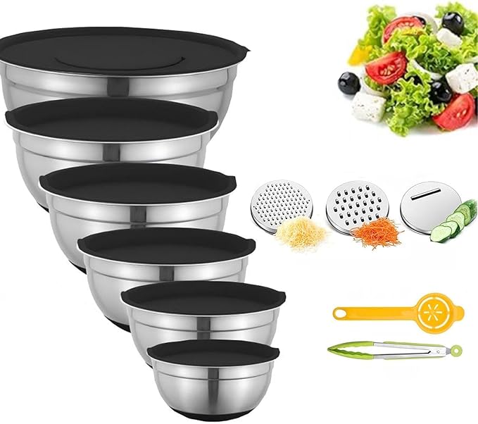 Thsinde Mixing Bowl with Airtight Lids Set of 6, Stainless Steel Nesting Salad Bowls for Mixing & Serving, 3 Grater Attachments & Non-Slip Bottoms (Size 7-1QT)