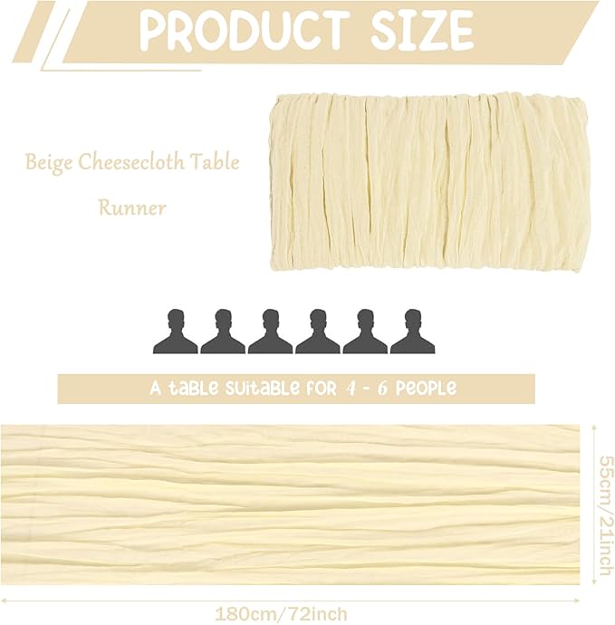 10 Pack Beige Cheesecloth Table Runner 6FT Boho Gauze Fabric Table Runner Vintage Rustic Sheer Runners for Wedding Party Bridal Baby Shower Long Table Decorations