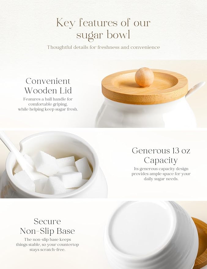 AISBUGUR Sugar Bowl with Lid and Spoon: 13oz Sugar Jar with Bamboo Lid,Ceramic Sugar Container for Coffee Bar - Countertop,Kitchen Decor, White