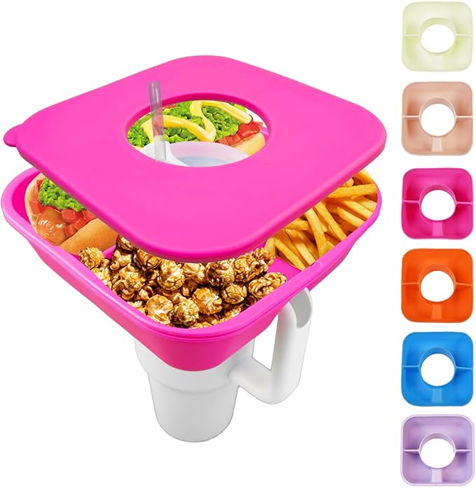 Snack Bowl for Stanley Cup 40 oz Tumbler, Reusable Snack Tray with Lid, Snacks Ring, Silicone Food Holder for Stanley Cup Accessories (Hot Pink)