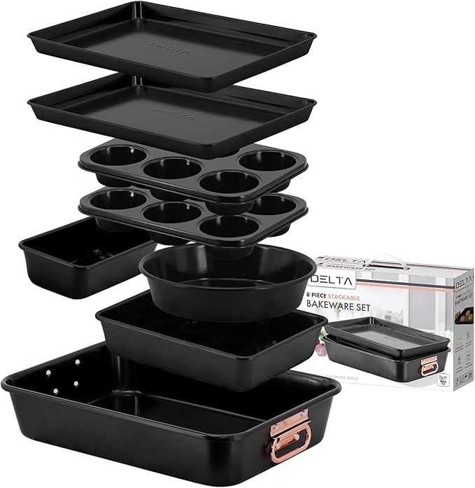 Prime Cuisine Nonstick Ceramic Bakeware Set – 8 Piece Baking Pans Set, Oven Safe to 450°F, Includes Muffin Pans, Cookie Sheets, Loaf, Roaster, Round & Square Pans, BPA-Free