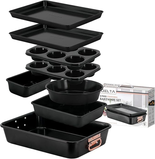 Prime Cuisine Nonstick Ceramic Bakeware Set – 8 Piece Baking Pans Set, Oven Safe to 450°F, Includes Muffin Pans, Cookie Sheets, Loaf, Roaster, Round & Square Pans, BPA-Free