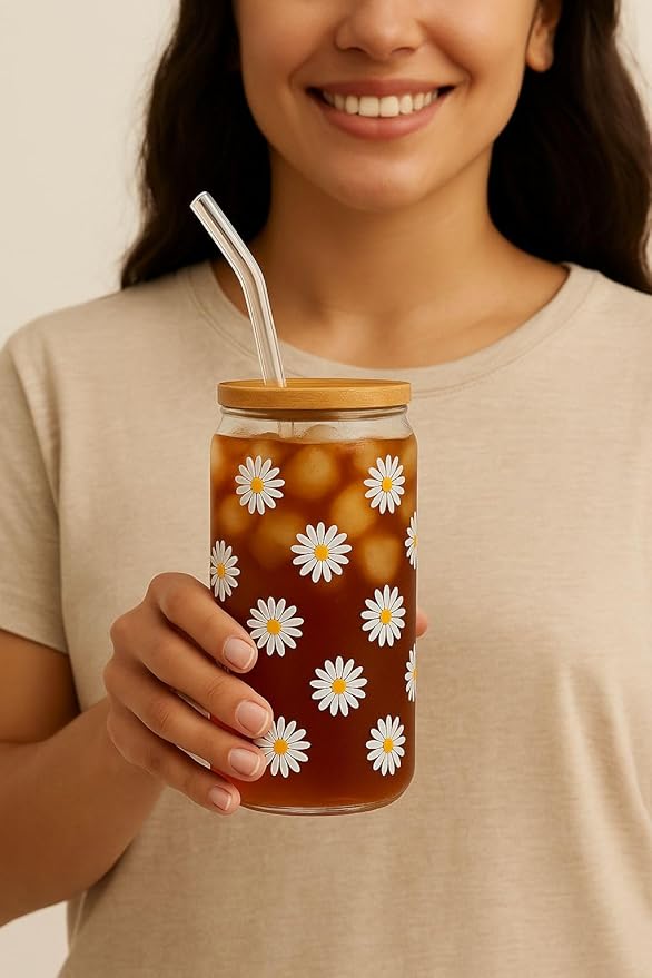 BambooSip (2- pack) Drinking Glasses with Bamboo Lids, straws and cleaning Brush, 160z Glass cups with Lids and straws,Beer, juice, smoothies, iced Coffee Glasses, Soda, Gift, UniqueDaisyDesign.