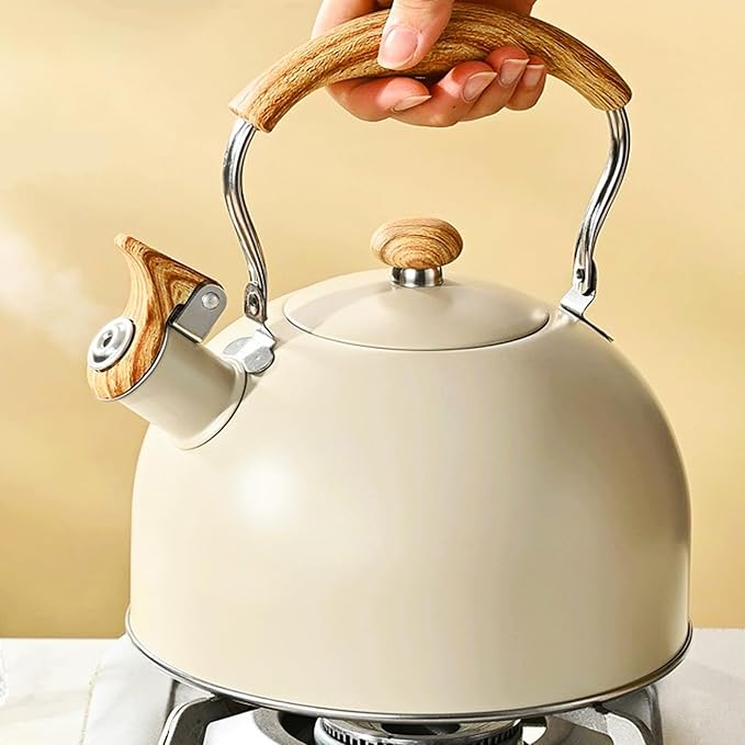 Tea Kettle,2.6 Quart Whistling Tea Kettle, Food Grade Stainless Steel Whistling Tea Pot with Wood Pattern Handle,Works For All Stovetops(Beige-2.6 Quart)