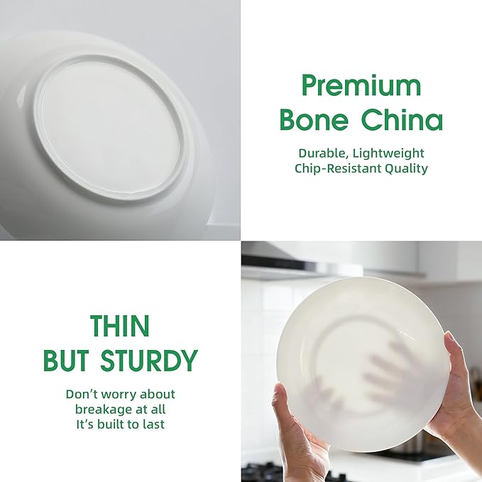 Bone China Pasta Bowls Set of 4, 25.7oz Salad Bowl White Soup Bowls, 8 inch Pasta Bowls Lightweight Wide Shallow Kitchen Plates for Serving Dinner - Microwave Dishwasher Safe, Kitchen Gifts