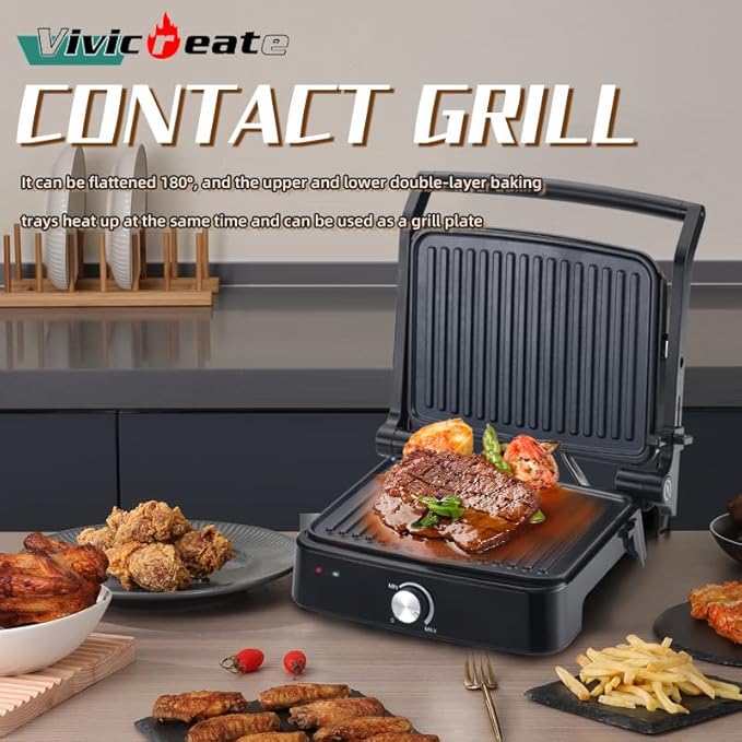 Vivicreate 5 in 1 Panini Press & Indoor Electric Grill, Stainless Steel Sandwich Maker with Non Stick Plates, Contact Grill for Steak, Burger, Breakfast & Countertop Cooking (1 Knob Plastic)