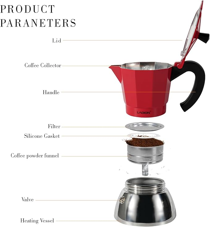LAOION Stovetop Espresso Maker, 6Cup Moka Pot, Espresso Machine Compatible with Induction Cooktops, 300ml Stainless Steel & Aluminum Cuban Coffee Maker for Cafetera Cubana, Red