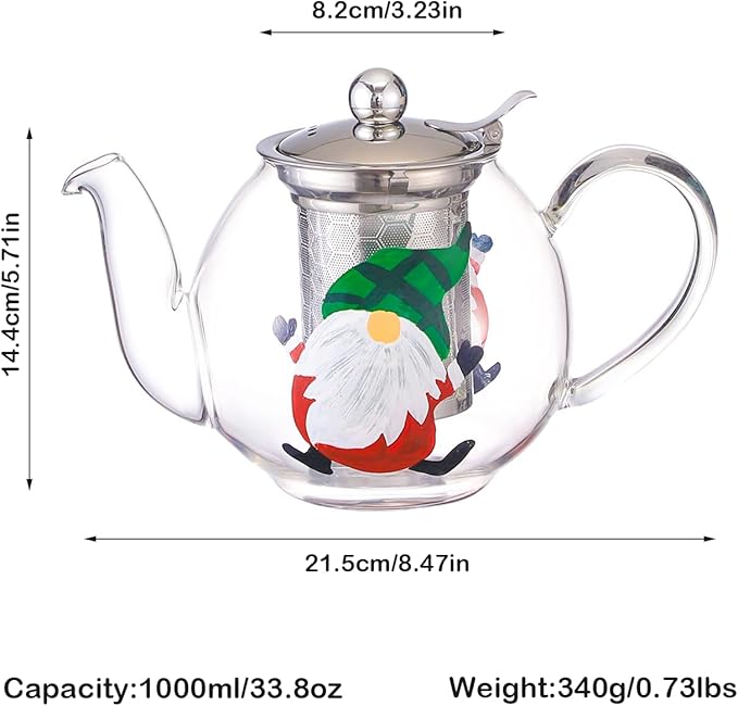 1000ml/35oz Hand Painted Pattern Glass Teapot For Stovetop,Tea Pot For Loose Tea,Glass Tea Kettle With Infuser (Green Hat Santa)