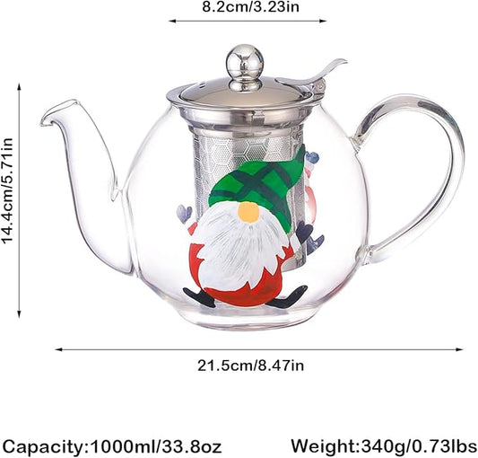 1000ml/35oz Hand Painted Pattern Glass Teapot For Stovetop,Tea Pot For Loose Tea,Glass Tea Kettle With Infuser (Green Hat Santa)
