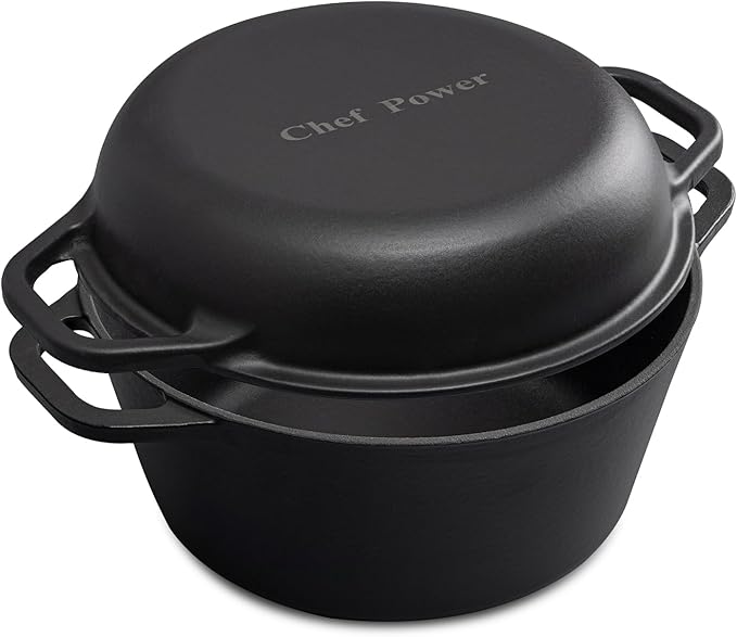 Chef Power 2-in-1 Cast Iron Dutch Oven with Skillet Lid, 5QT Camping Dutch Oven Pot with Lid for Bread, Frying, Baking, Roasting, Cooking, BBQ – Versatile Cast Iron Cookware