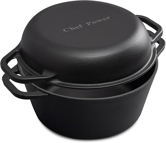 Chef Power 2-in-1 Cast Iron Dutch Oven with Skillet Lid, 5QT Camping Dutch Oven Pot with Lid for Bread, Frying, Baking, Roasting, Cooking, BBQ – Versatile Cast Iron Cookware