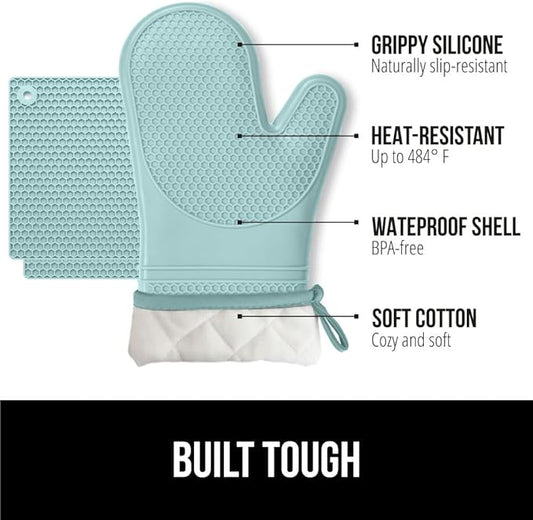 GORILLA GRIP BPA-Free Soft Silicone Oven Mitts and Pot Holders Sets of 4, Heat Resistant Waterproof Cooking Gloves, Thick Cotton Lining, Flexible Gripping for Baking Grilling, Kitchen Trivets, Mint