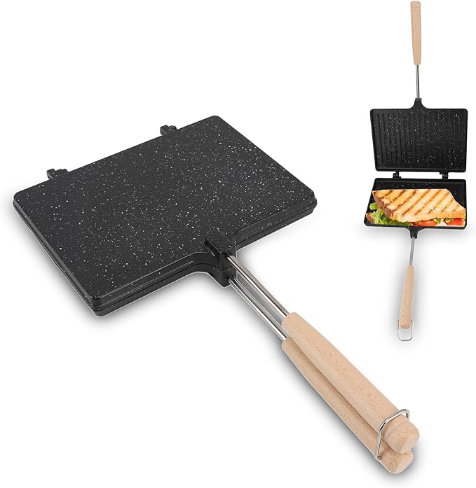 Hot Sandwich Maker, Non stick Grilled Panini Maker Pan with Handle, Stovetop Camping Sandwich Toaster Aluminum Flip Pan for Toast, Waffle, Breakfast