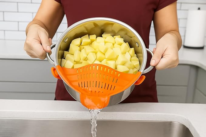Clip on Strainer Silicone for All Pots and Pans, Colander, Pot Strainer for Pasta, Meat, Vegetables, Space Saving Design, Food-Safe with Collapsible Funnel, Garlic Peeler, 3 Pack (Orange)