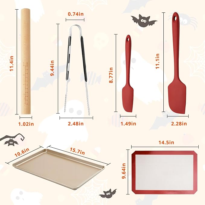 Cookie Cutters Set, 18-Piece Nonstick Baking Pans Set, Complete Cake Baking Set with Baking Pan Baking Mat Rolling Pin Spatula Clamp (Halloween)