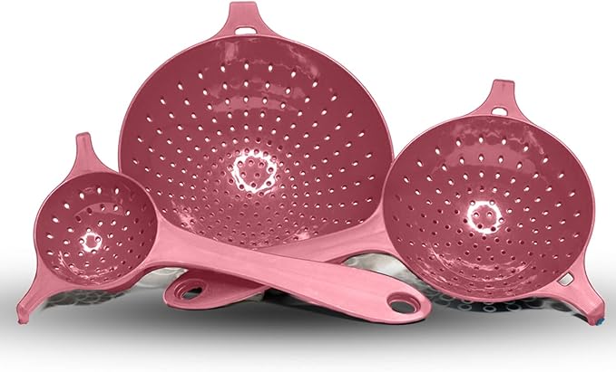 Crisp 3 Piece Nesting Strainer Set - Plastic, Durable Kitchenware, Dishwasher Safe - Made in the USA - Pink