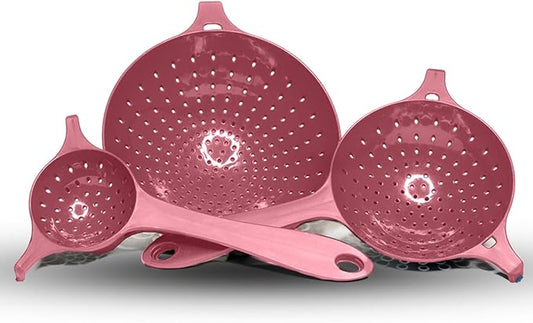 Crisp 3 Piece Nesting Strainer Set - Plastic, Durable Kitchenware, Dishwasher Safe - Made in the USA - Pink