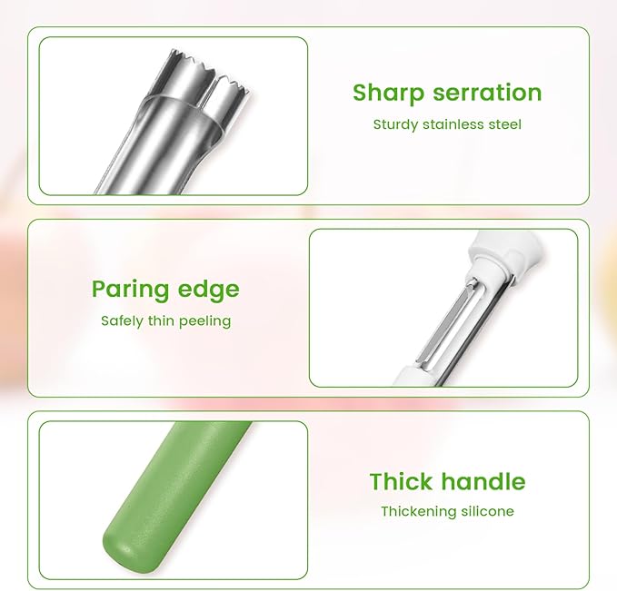 Multi Functional Apple Corer and Peeler,Green Plastic-Handle Apple Corer for Bell Peppers Pears,Stainless Steel 2-In-1 Household Kitchenware, Fruit and Vegetable Peeling Tool,Christmas Halloween Gifts