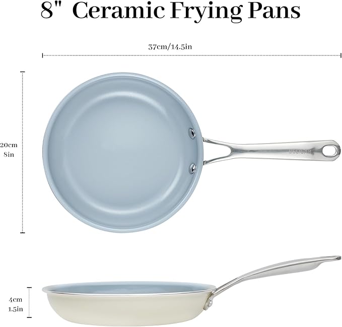 BECIGAR 20CM Ceramic Frying Pan with Stainless Steel Handle - Perfect Non Stick Frying Pans for Steak & Non Stick Cooking-Ceramic Pans Frying Pan Trendy Kitchen Essential for Young Chefs(Cream White)