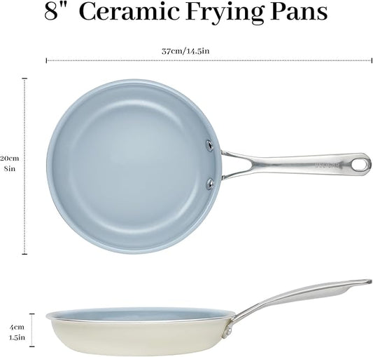 BECIGAR 20CM Ceramic Frying Pan with Stainless Steel Handle - Perfect Non Stick Frying Pans for Steak & Non Stick Cooking-Ceramic Pans Frying Pan Trendy Kitchen Essential for Young Chefs(Cream White)