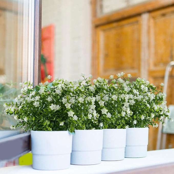 6PCS Artificial Eucalyptus Plants,Fake Boxwood Shrubs UV Resistant No Fade Faux Plastic Greenery for Wedding Bridal Bouquet Indoor Outdoor Home Garden Kitchen Office Table Vase(Milk Green)