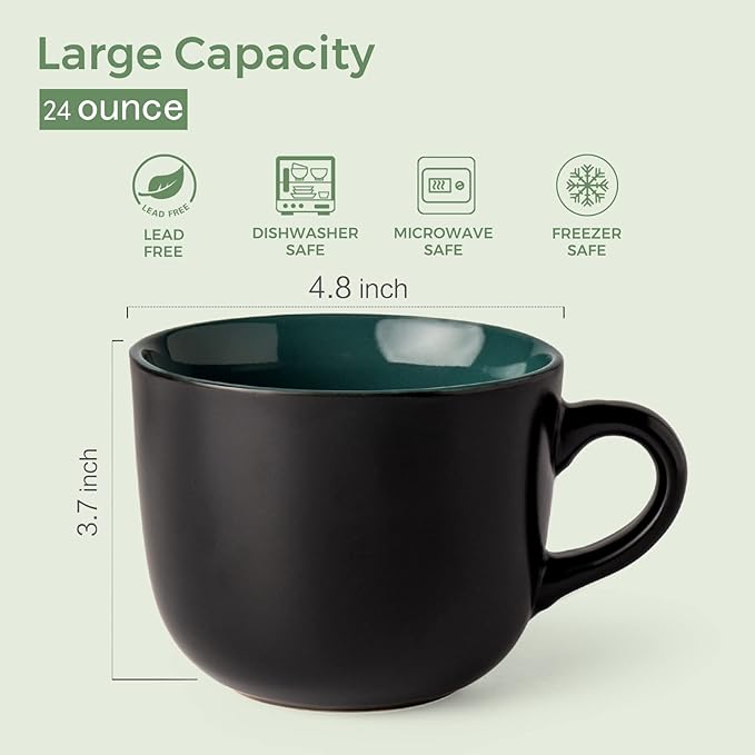 GBhome Jumbo Soup Mugs with Handles, 24 Oz Large Coffee Mugs Set of 4, Ceramic Soup bowls for Soup Cereal Snacks Salad Noodles Cups, Microwave safe - Matte Black, Colorful Inside