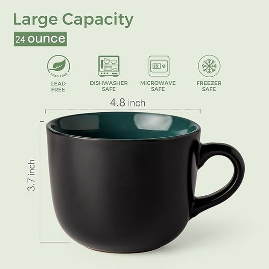 GBhome Jumbo Soup Mugs with Handles, 24 Oz Large Coffee Mugs Set of 4, Ceramic Soup bowls for Soup Cereal Snacks Salad Noodles Cups, Microwave safe - Matte Black, Colorful Inside
