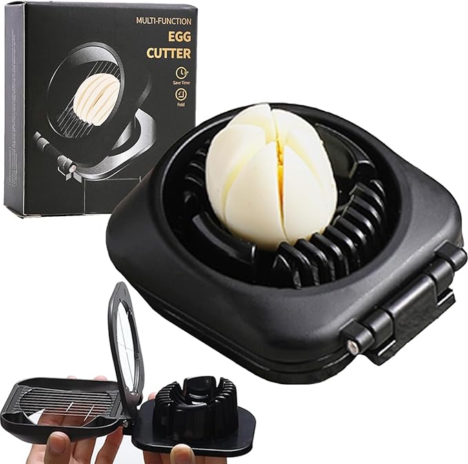 Double Cutter Egg Slicer for Hard Boiled Eggs, Heavy Duty Metal Stainless Steel Aluminum Alloy Egg Cutter for Egg Strawberry Mushroom Hot Dog Soft Fruit Kitchen Tool (Black)