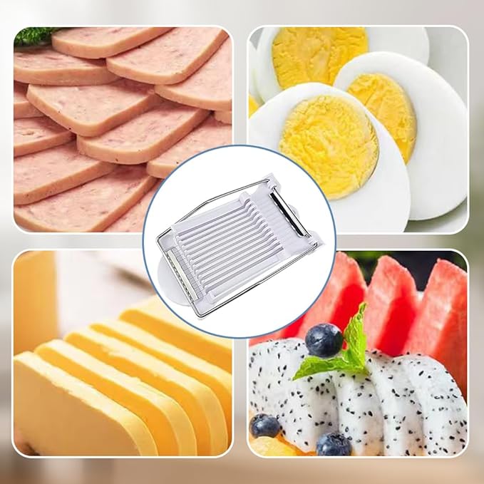 Easy Press Food Slicer, 2025 New Multipurpose Luncheon Meat Slicer Stainless Steel Wire Egg Slicers, Stainless Steel Wires Cuts 12 Slices for Onions Fruits Ham Soft Food (White)