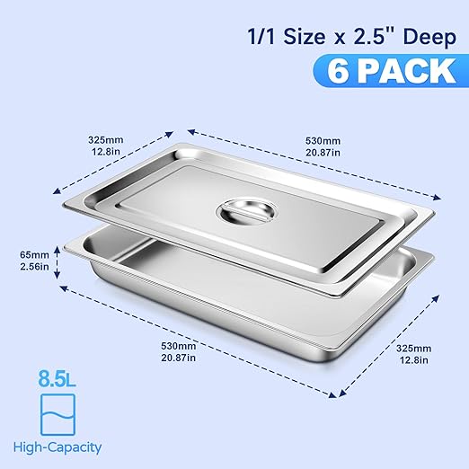 Full Size Hotel Pan With Lids 2-1/2 Inch Deep Stainless Steel Chafing Dishes for Buffet, Steam Table Pan, Metal Commercial Food Pans for Food Prep/Serving (6 Pack, Full Size 1/1 x 2-1/2" Deep)