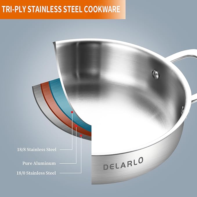 DELARLO Tri-Ply Stainless Steel 10 Inch Frying Pan 3QT Saute Pan With Lid Kitchen Skillets Induction Compatible Chef Cooking Pan Dishwasher & Oven Safe