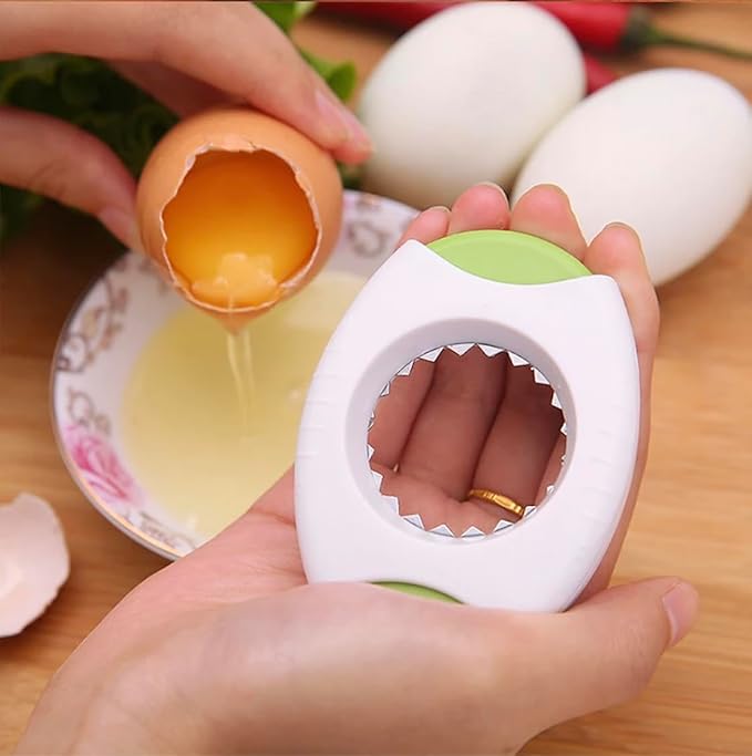Egg Shell Cutter and Breaker, Food Grade Plastic, White and Multi-Color Accents, Manual Opener with Stainless Steel Teeth (Yellow)