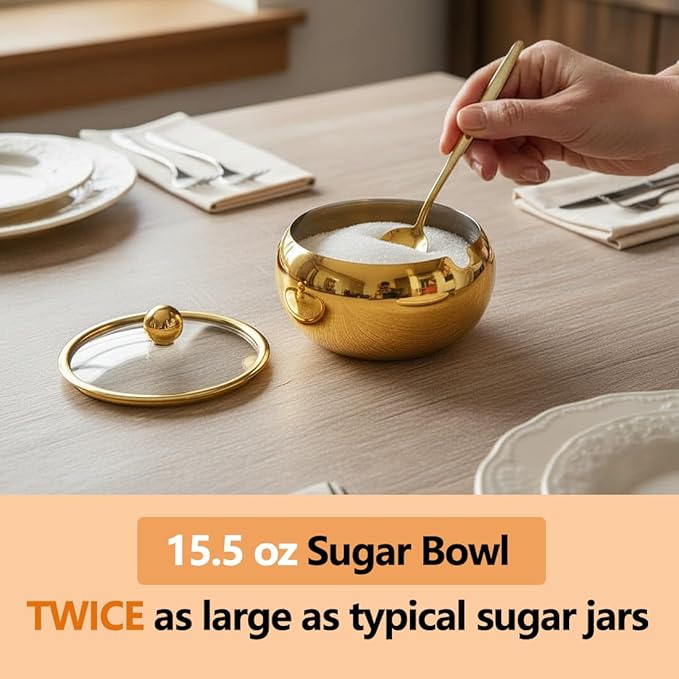 15OZ Sugar Bowl with Glass Lid and Spoon, Sugar Container of Coffee Bar Accessories, Stainless Steel Jar for Salt, Tea, Brown Sugar Cube, Dishwasher Safe, Kitchen Decor Countertop Storage, Gold