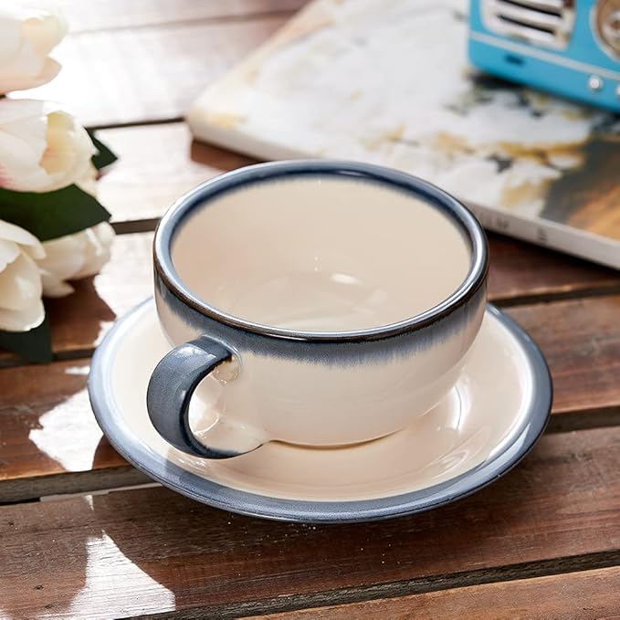 Vintage Design 12 oz Ceramic Latte Art Cappuccino Barista Cup with Saucer (Beige)