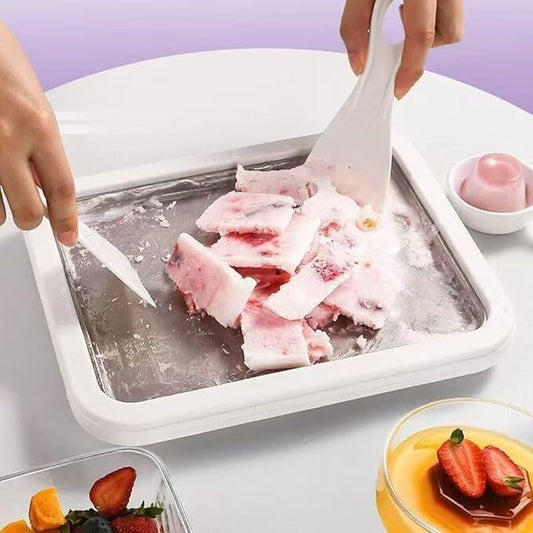At-Home Rolled Ice Cream Maker Kit, DIY Rolled Ice Cream Tray, Two-minutes Quick Freeze, Mini Instant Freeze Plate with 2 Scrapers, Food-Grade Stainless Steel, for Kids & Adults (White,9 * 7in)