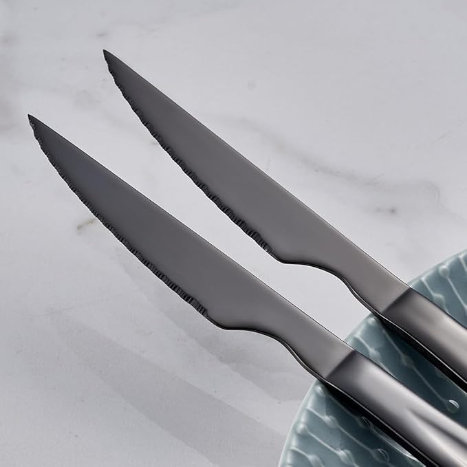 Black Steak Knife Set, 6 Piece Stainless Steel Kitchen Knife Set & Kitchen Utility Knives, 8.7 Inch Serrated Steak Knives, Dinner Knives, Sharp Knife with Ergonomic Handles