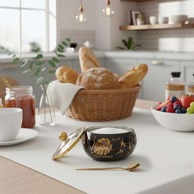 15OZ Sugar Bowl with Glass Lid and Spoon, Sugar Container of Coffee Bar Accessories, Stainless Steel Jar for Salt, Tea, Brown Sugar Cube, Dishwasher Safe, Kitchen Decor Countertop Storage, Black