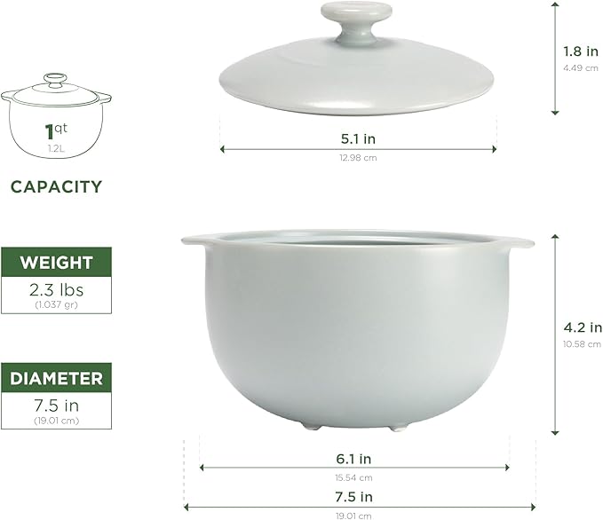 MINH LONG 1-Qt Porcelain Dutch Oven with Lid – Lead & Cadmium Free, Oven Safe to 482°F, Heat Retention, Clay Pot for Cooking on Gas & Infrared Cooktop, Use to Marinate, Cook, Bake, Refrigerate & Serve