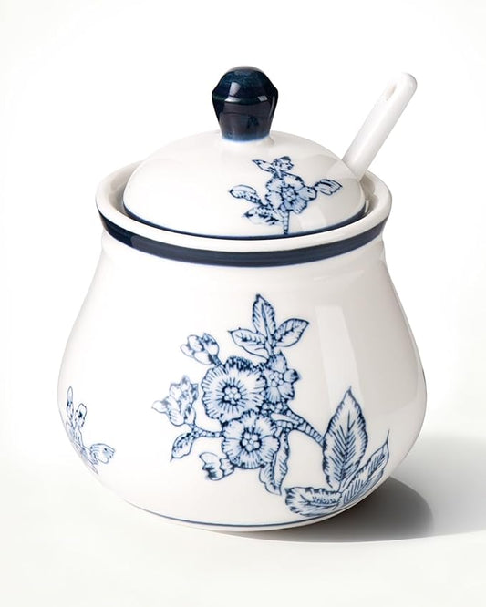 Ceramic Sugar Bowl with Lid and Spoon, 11Oz Sugar Container for Coffee Bar, Blue and White Sugar Jar/Dispenser, Flowers and Branches