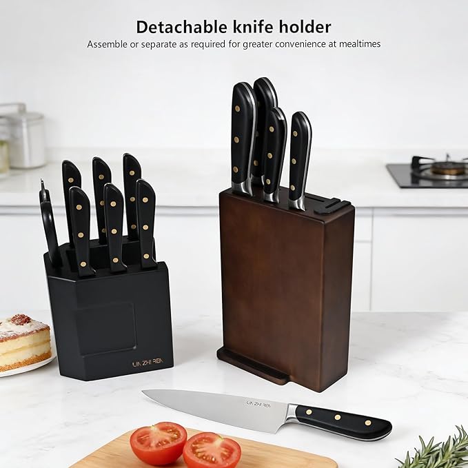 14-Piece Knife Block Set, High-Carbon Stainless Steel Dishwasher Safe Kitchen Knives Detachable Knife Holder, Includes Chef's, Santoku, Bread & Steak Knives (black)