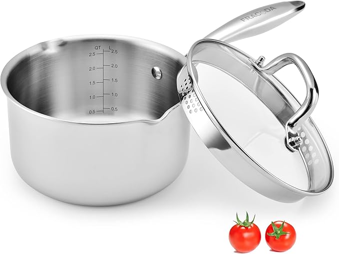 Fracoda 2.5 Quart Stainless Steel Pot Saucepan with Glass Strainer Lid, Sauce Pot with Two Side Spouts, Induction Cooking Pot, Multipurpose Sauce Pan with Lid for Cooking(Tri-Ply Full Body)