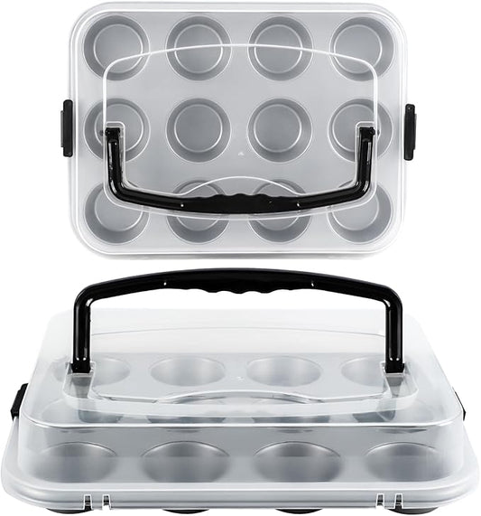 Spmarkt 2-Pack Cupcake Pan with Lid, 12-Cup Nonstick Muffin Pan with Handle – Cupcake Carrier for Baking & Transporting, Perfect for Party, Holiday, Gathering