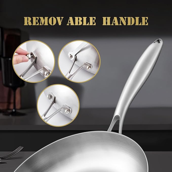 GIUOIDUO 12 Inch Tri-Ply Stainless Steel Frying Pan, Skillet, pan, Induction Cooking Pan, Dishwasher and Oven Safe, Fast & Even Heat, Heavy Duty and Detachable Handle，Fried steak&fried eggs