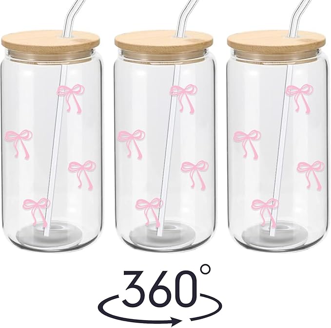 Coquette Aesthetic Glass Cups with Lids and Straws - Pink Bow Iced Coffee Cup Decor, Cute Tumbler Smoothie with Cleaning Brush&Gift Box, Gifts for Girls Women Friends, 16 oz