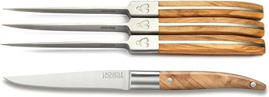 Laguiole Heritage Steak Knife Set; Premium Stainless Steel Blades, Full Tang Construction; Ergonomic Olive Wood Handles; Razor-Sharp, Timeless Luxury & Precision; Light Wood, Set of 4