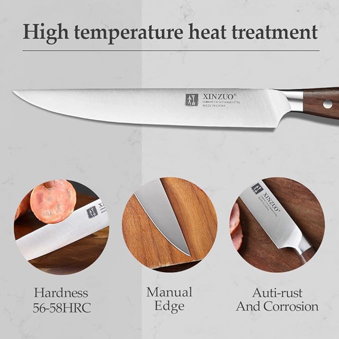 XINZUO German Stainless Steel Knife Set, 5Pcs Professional Chef Knife Sets for Chefs, Ultra Sharp,Chef Santoku Slicing Petty Paring Knife with Red Sandalwood Handle