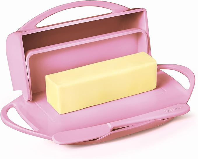 Butterie Flip-Top Butter Dish with Lid & Matching Knife, Holds 2 Sticks/European Butter, No-Mess Butter Holder, Shatterproof, Dishwasher Safe, Pink